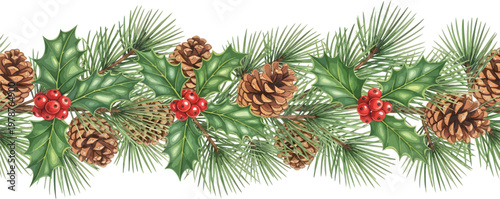 Seamless Watercolor Christmas Border Illustration with Pine Cones and Holly Berries
