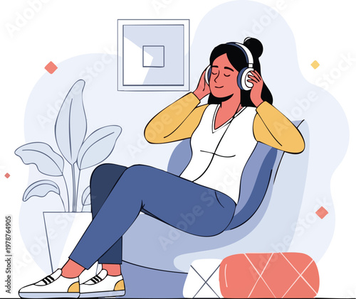 Young woman relaxing at home listening to music with headphones and smartphone in cozy living room
