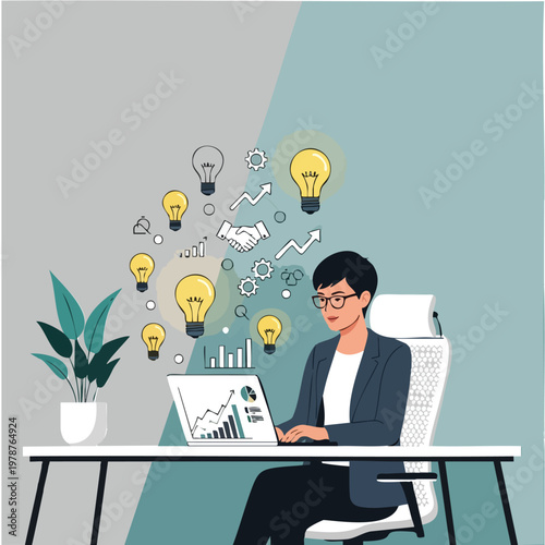 Professional woman working on a laptop with creative ideas and business growth concepts floating overhead