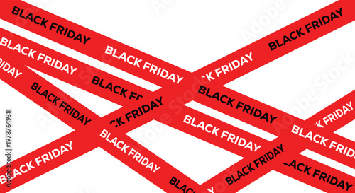 Black friday promotional background with overlapping red ribbons featuring repetitive text for retail marketing sale events.