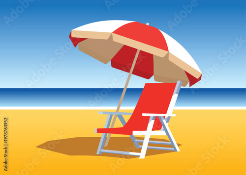 Summer beach landscape with red sun lounger and striped umbrella under blue sky near ocean shore vacation background scene.