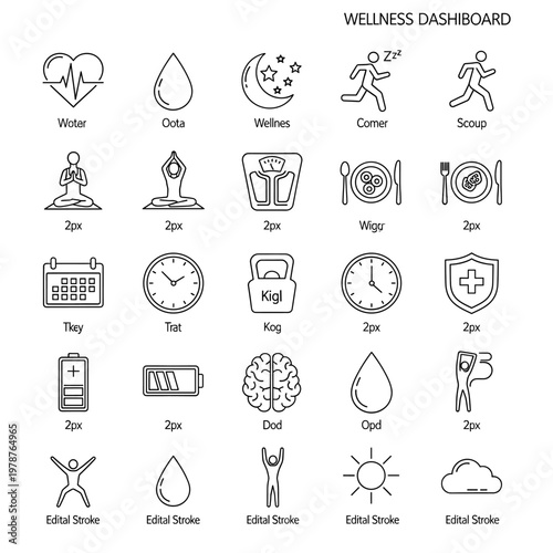 A collection of line art icons for a wellness dashboard, depicting various health, fitness, and lifestyle elements such as exercise, nutrition, sleep, and mental well-being.