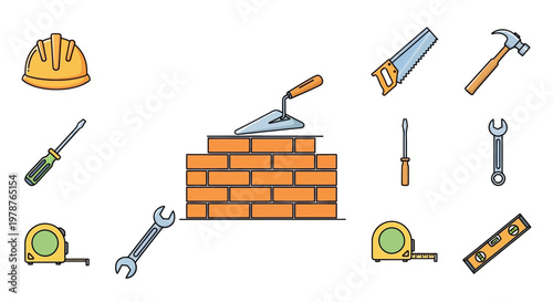 Construction tools and brick wall building.