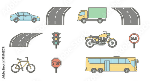 Vehicles on road transportation icons.