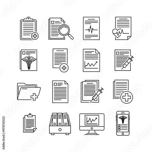 A collection of line art icons representing medical records, healthcare documents, and digital health management systems.