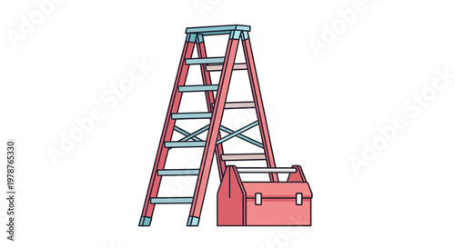 Red Metal Folding Step Ladder Tool.