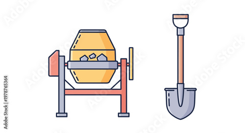 Cement mixer and shovel equipment.