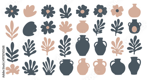 Abstract Bohemian Floral and Leaf Elements with Vases Collection Isolated on White for Modern Minimalist Design and Creative Branding Projects