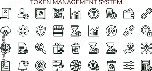 Token management system outline icon set for analytics dashboards applications interfaces cryptocurrency monitoring tracking and digital finance administration platforms