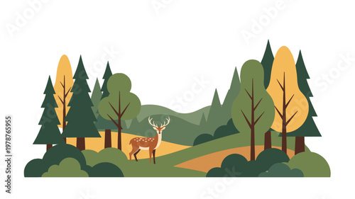 Flat vector illustration of a wild deer stag standing in a beautiful forest landscape with evergreen and deciduous trees and rolling hills isolated on white background for nature design