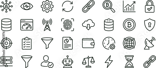 Artificial intelligence analytics workflow outline icon set for dashboards applications interfaces automation monitoring security and digital technology system elements