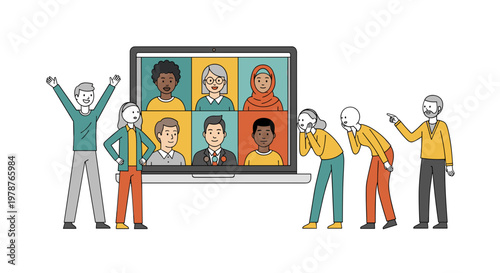 Team video conference with group collaboration illustration