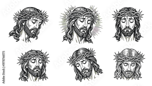 Collection of six black and white detailed hand-drawn sketches of Jesus Christ head with crown of thorns, showing sorrowful expressions and suffering for Good Friday, isolated on white