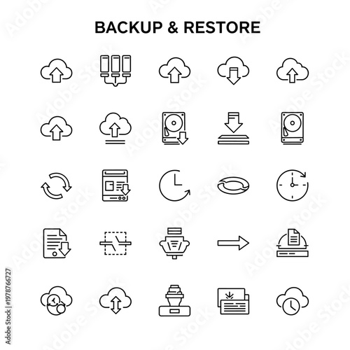 Collection of backup and restore icons representing cloud storage, data transfer, and system recovery processes.