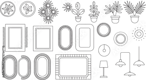 Home interior decor set with potted plants mirrors lamps and rugs for room furniture arrangement and interior design vector.