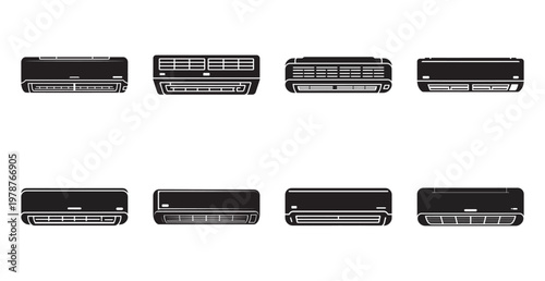 Split air conditioner unit silhouettes set for wall mounting design.