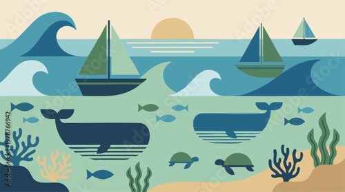 Stylized Ocean Scene with Marine Life, Sailboats, and Sunset