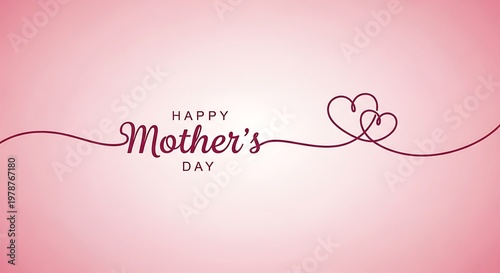 Happy Mother's Day elegant typography on pink background, minimalist line art hearts, soft pastel greeting card design with cursive lettering