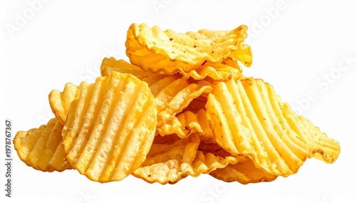 Golden crinkle-cut potato chips piled high, crisp texture highlighted by sheen, symbolizing indulgence, casual snacking, comfort food, crunchy delight, savory flavor, and irresistible temptation.