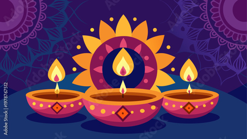 Traditional indian diya lamps with flames during festival celebration
