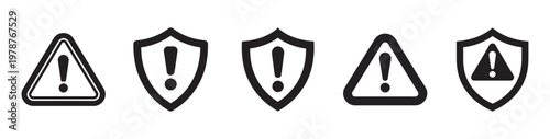 Set of warning sign with exclamation mark inside shield and triangle symbol.