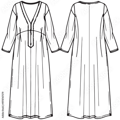 Long sleeved maxi dress technical fashion sketch with front and back views vector illustration for apparel design
