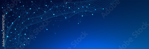 Abstract technology and science geometric polygonal shape and wave flow on dark blue background vector. Modern network connection, communication. Design for web banner, cover and presentation.