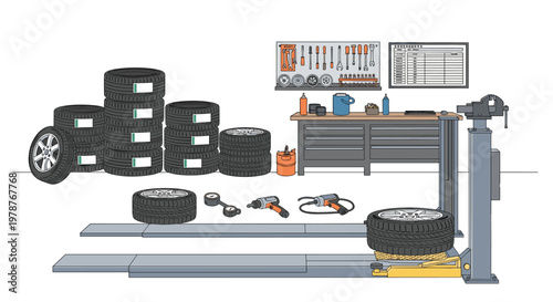 A detailed automotive repair shop interior showcases a hydraulic vehicle lift alongside organized stacks of tires in a garage under bright overhead lights.