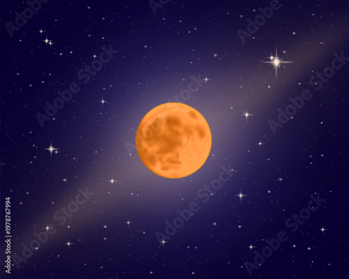 Vector illustration of the moon and moonlight isolated on a starry sky with bright stars. Cosmic galaxy with light sources, stars, gas, and cosmic dust.