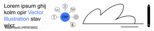 Business optimization, ERP systems, cloud solutions, process management, productivity tools, data connection. Circular ERP hub with icons and a minimal cloud-thumbs up diagram. Business optimization