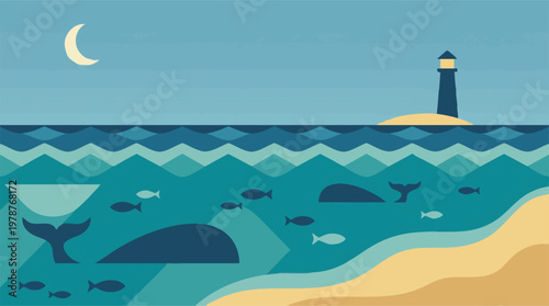 Minimalist flat design seascape with lighthouse, marine life, and moon