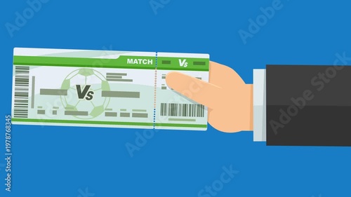 Hand holding a football match ticket. Concept of sports entertainment, betting, or competition attendance. Blue sky.