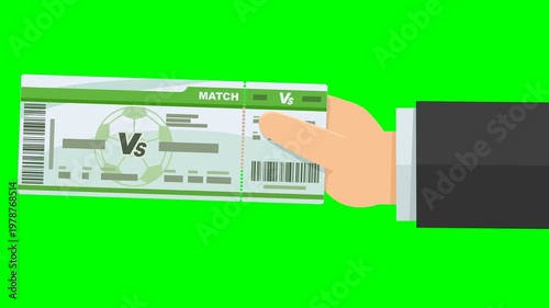Professional hand presenting a football match ticket for stadium entry and sports competition. Chroma key green screen with alpha channel.