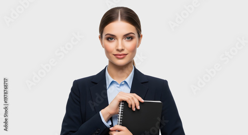 portrait of a business woman in formal office attire holding a notebook, clean and neat appearance, white background editable