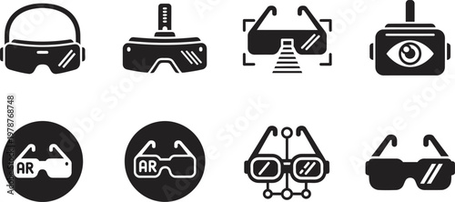 Diverse collection of black and white goggles and vision protection icons in a minimalist style