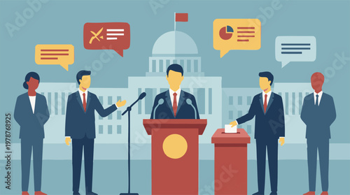 Government election, political debate, and public speaking with diverse professionals