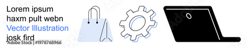Digital commerce, online shopping, technology, automation, industry tool, IT services. ion of a shopping bag, gear and laptop. Online shopping and technology concept