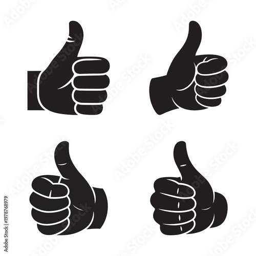 Set of black thumbs up icons, like symbol, approval sign, social media.
