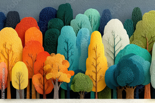 Colorful Paper Cut Forest Landscape with Stylized Trees Illustration