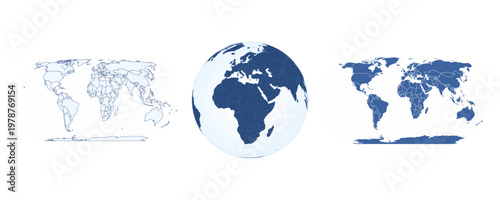 Premium Vector World Map Bundle: 3 Projections, 3D Globe and Flat Geographic Infographic in Business Blue