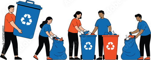 Foto People recycling trash with recycling, disposal vector illustration