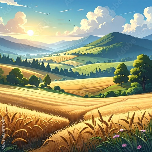 A vibrant rural scene of rolling hills, golden wheat fields bathed in sunlight, with lush green trees and a bright blue sky