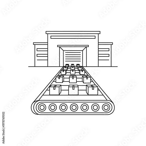 A line drawing of a tank tread conveyor belt leading to a warehouse entrance.