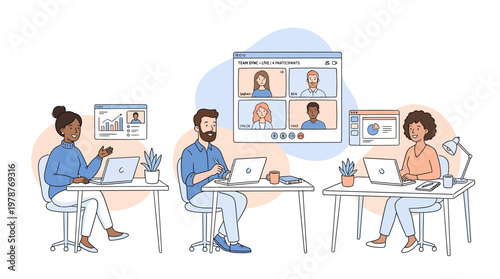 Remote workers engage in hybrid collaboration at office desks with laptops