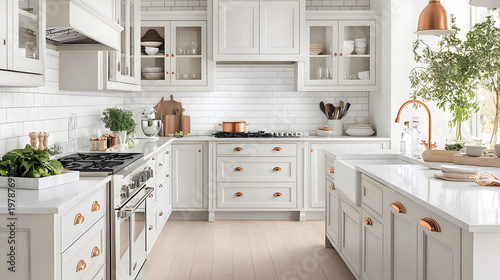 Bright modern white shaker kitchen with island and copper accents
