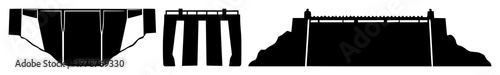 Hydroelectric dam set with solid black icon on white background featuring water power, energy infrastructure with dams and turbines