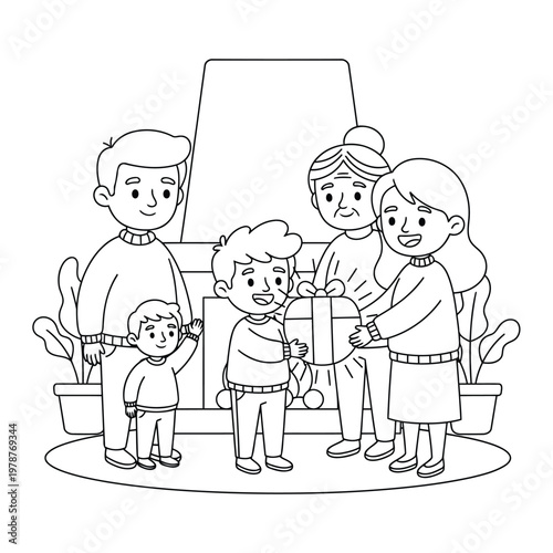 Family giving gift to child with grandparents in warm home scene coloring page