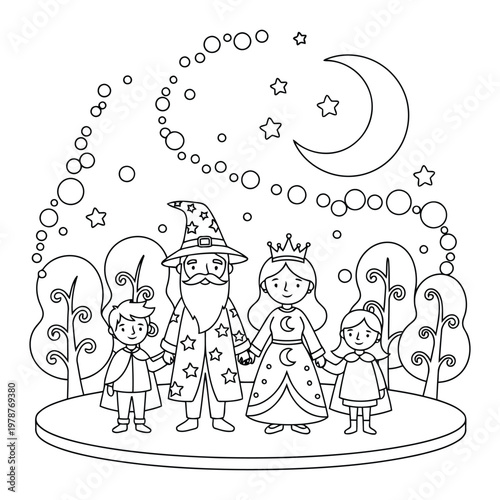 Wizard family with princess children under moon and stars magical forest coloring page