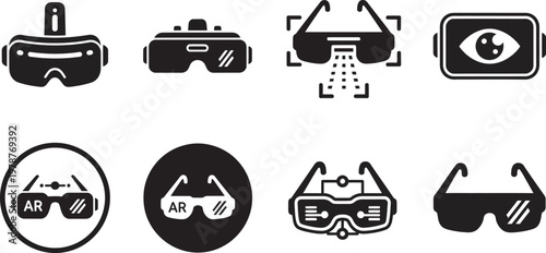 Variety of virtual and augmented reality headsets and smart glasses icons in black and white