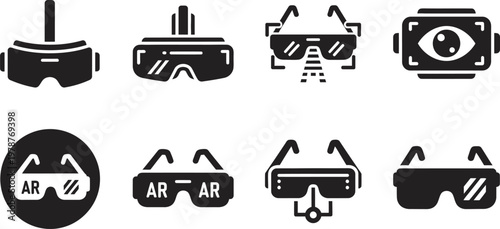 Variety of virtual reality and augmented reality headsets and goggles icon set